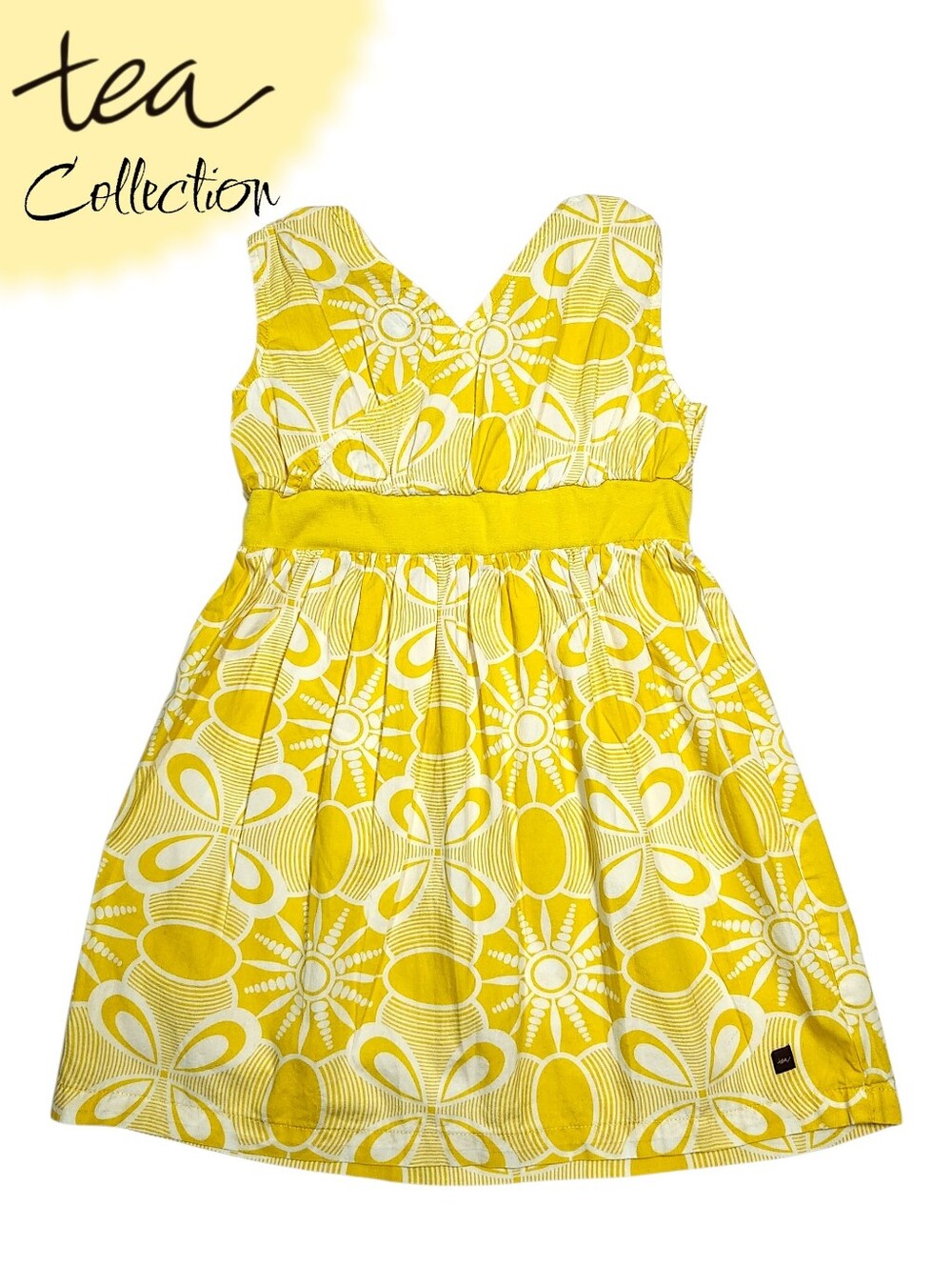 Tea Collection Little Girls Dress V-Neckline 100% Cotton Yellow White Size 5T
